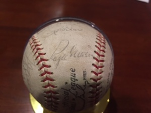 Roger Maris' autograph, with some St. Louis Cardinals teammates, on a ball belonging to my son Joe.
