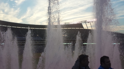 The view of Kauffman Stadium from behind the fountains.
