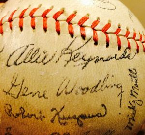 Allie Reynolds' autograph on a baseball my wife's uncle used to take to Yankee Stadium in the 1950s. Yes, that's Mickey Mantle's autograph to the right. Also outfielder Gene Woodling and pitcher Bob Kuzava.