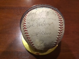 Bob Gibson's autograph, with some Cardinal teammates, on a ball belonging to my son Joe.