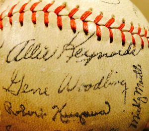 One of these things is not like the others. Mickey Mantle's a Hall of Famer. Allie Reynolds should be. Gene Woodling was an All-Star. Bob Kuzava was just a big-leaguer. My wife's uncle got all their autographs on this ball, belonging to my son Mike. 