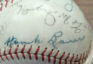 Hank Bauer's autograph on a ball belonging to my son Tom.